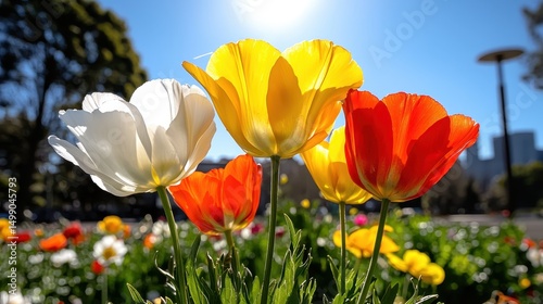 Vibrant Yellow White and Orange Tulips in Sunny Garden