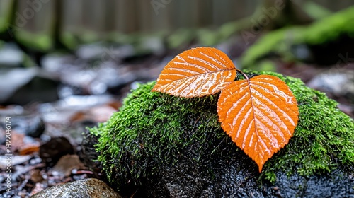 Orange Autumn Leaves on Mossy Rock by Forest Stream