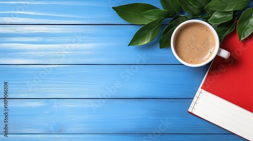 Overhead View of Coffee Cup Red Notebook and Green Leaves on Blue