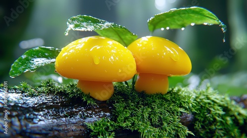 Two Vibrant Yellow Mushrooms on Mossy Log in Forest