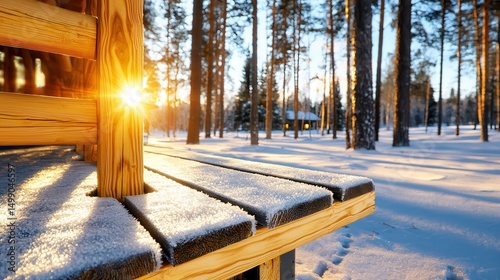 Sunrise Glimmer on Snowy Wooden Bench in Winter Forest