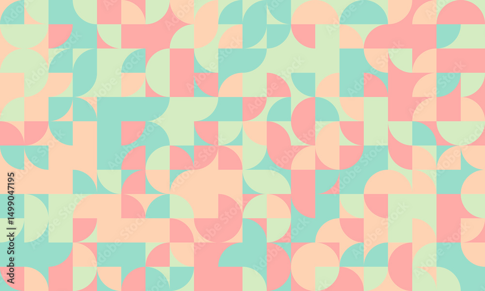 Abstract geometric pastel pattern. Seamless design of squares and semicircles in soft peach, mint green, and coral. Ideal for website backgrounds, social media graphics, and textile prints. Abstract geometric pastel pattern. Seamless design of squares and semicircles in soft peach, mint green, and coral. Ideal for website backgrounds, social media graphics, and textile prints.
