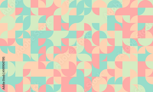 Abstract geometric pastel pattern.  Seamless design of squares and semicircles in soft peach, mint green, and coral. Ideal for website backgrounds, social media graphics, and textile prints.