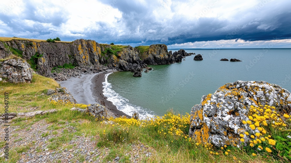 Obraz premium Dramatic Coastal Scene Dark Cliffs, Secluded Beach, and Cloudy Sky