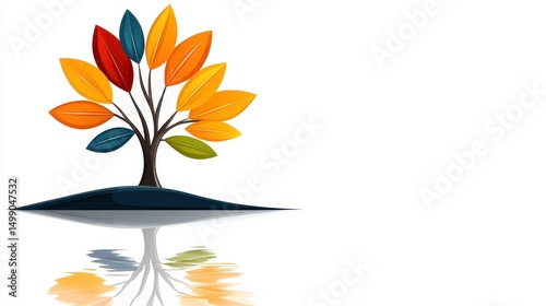 Reflective Autumn Tree with Vibrant Leaves on White Background