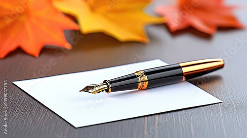 Elegant Black and Gold Fountain Pen on Blank Notecard with Autumn