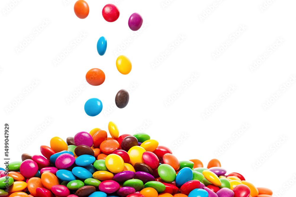 Obraz premium Colorful Candy Pile with Falling Sweets Against Black Background