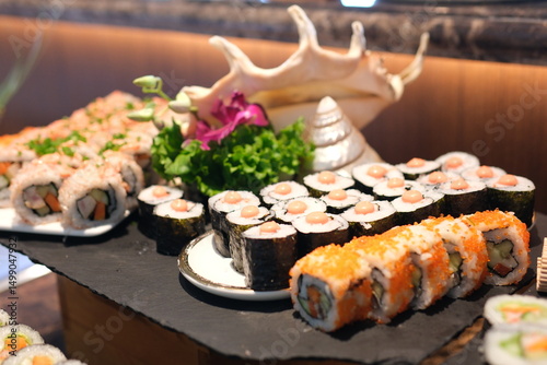 Japanese Sushi Buffet Video A Culinary Showcase for Catering and Banquet Events in the Hospitality Industry. buffet beautiful food presentation serving culinary art