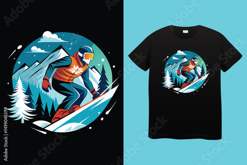 Snowboarder Riding Mountain Slope – Colorful Winter Vector Illustration, Cool Snowboarding Scene – Action Sports in Snowy Landscape, Mountain Snowboarding Man – Adventure Winter Sport Vector.
