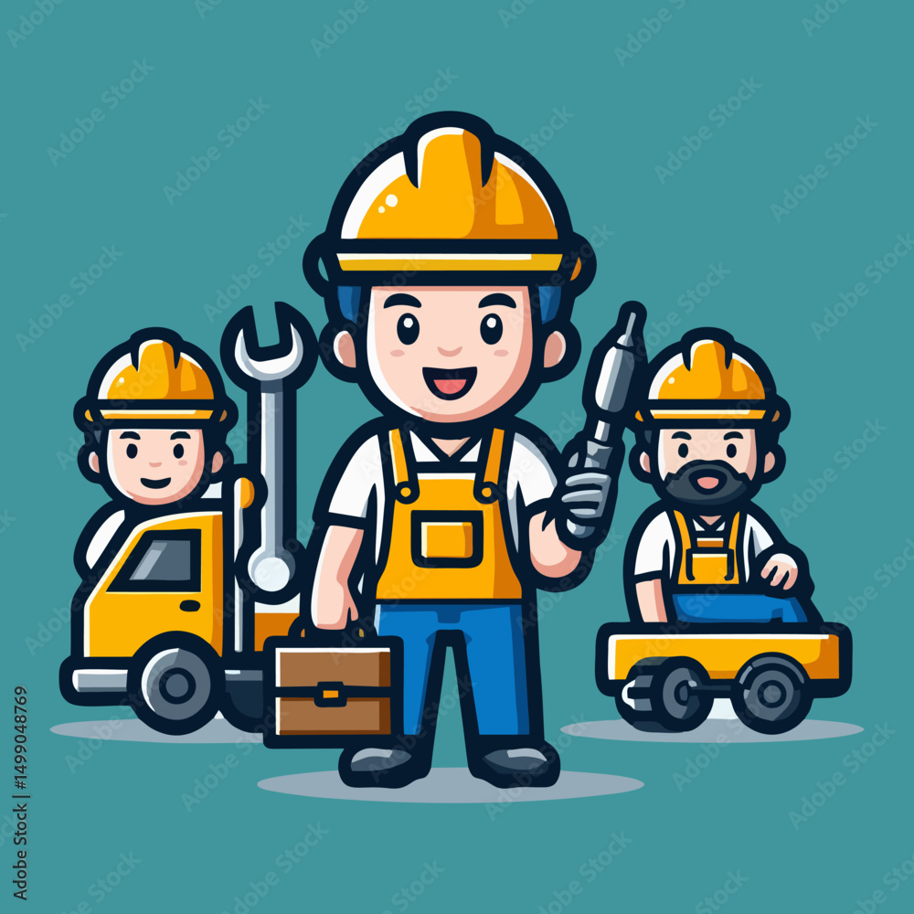 Fototapeta premium Flat Cartoon Construction Worker Mascot Standing Proudly in Yellow Helmet and Uniform for Logo UI Web App Print Illustration and Poster Graphic Material