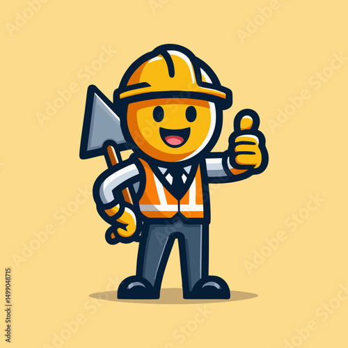 Builder Mascot in Cartoon Flat Design Wearing Bright Vest and Helmet Standing in Pose for Company Logo Poster Web Banner and Marketing Use