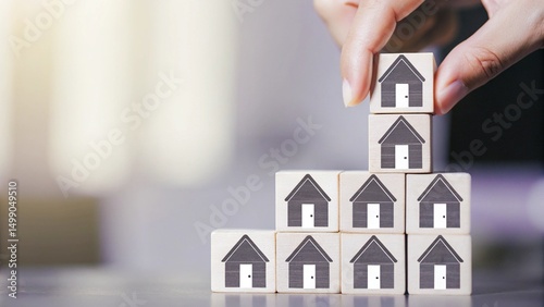 A hand is placing a wooden block with a house icon on top of a stack of blocks