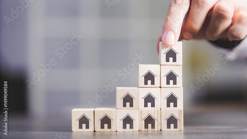 A hand is placing a wooden block with a house icon on top of a stack of blocks