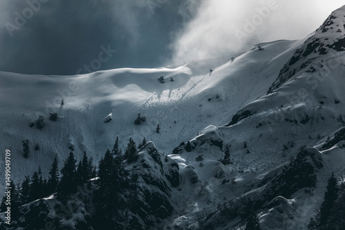 snowy mountain landscape with dark moody sky and clouds