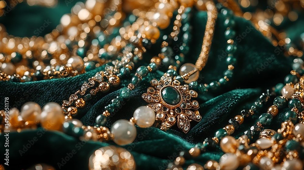 A styled flat lay of bohemian handmade beaded jewelry, with mixed glass beads and natural stones, spread across emerald green velvet with golden threads. A styled flat lay of bohemian handmade beaded jewelry, with mixed glass beads and natural stones, spread across emerald green velvet with golden threads.