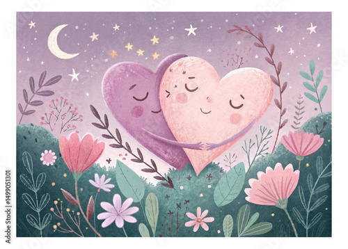 A magical fantasy illustration where two hearts appear as gentle human figures embracing each other
