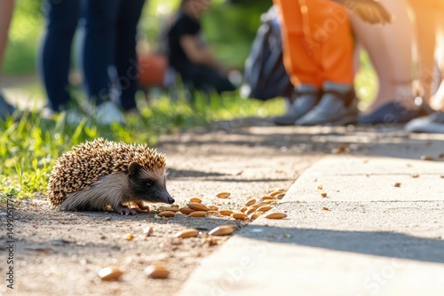 A hedgehog curiously sniffs near a bird, capturing a playful moment in nature.