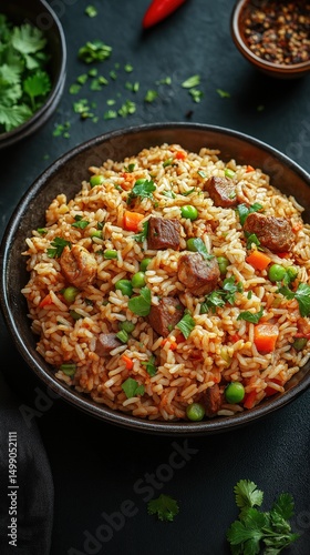 A delicious plate of fried rice with pieces of tender beef, mixed with colorful vegetables such as carrots and peas.