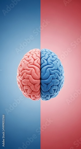 Split brain in pink and blue on contrasting backgrounds, symbolizing different thinking styles