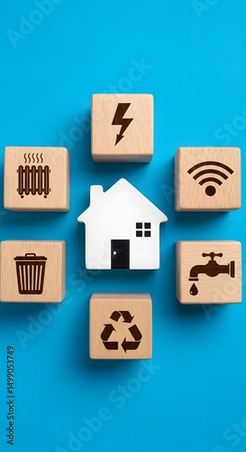 Concept of home utilities and services including water, electricity, gas, internet, and timely online bill payments