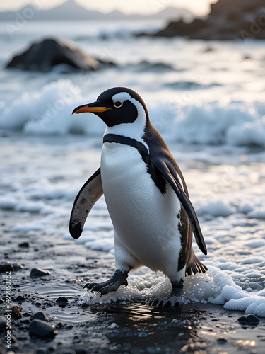 Walking to enter the sea during early morning. Gentoo penguin in the Falkland Islands in January.