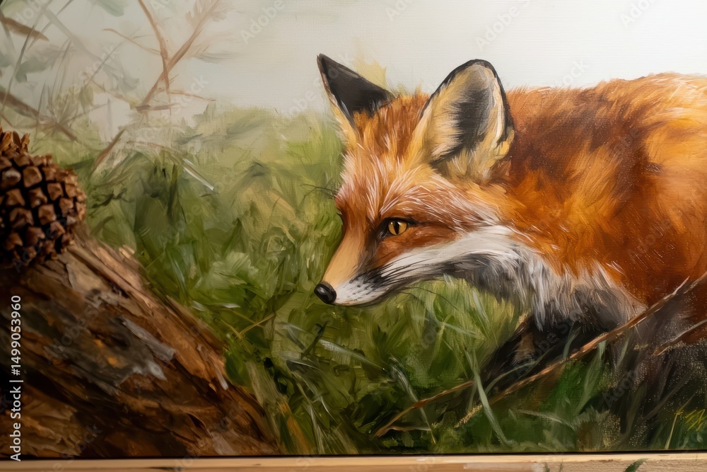Naklejka premium Handmade pinecone fox art in a forest setting featuring wild animals, high-resolution image.