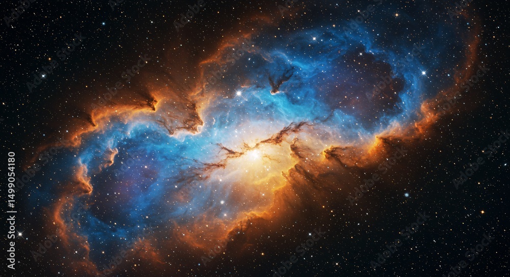 Fototapeta premium Stunning cosmic cloudscape featuring vibrant blues, oranges, and countless stars in deep space