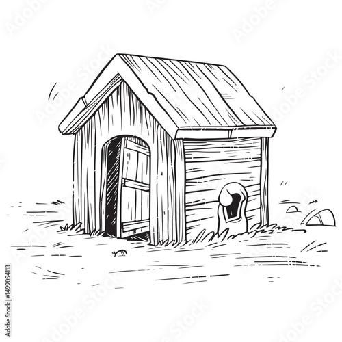 Wooden doghouse illustration, rustic shelter design pet home architecture, Simple wooden doghouse silhouette