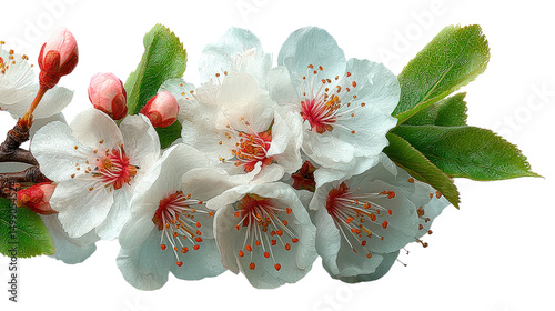Blooming Cherry Blossom: Delicate, pure white cherry blossom flowers, their petals unfurling in a tender embrace of spring, exuding an air of freshness and renewal.