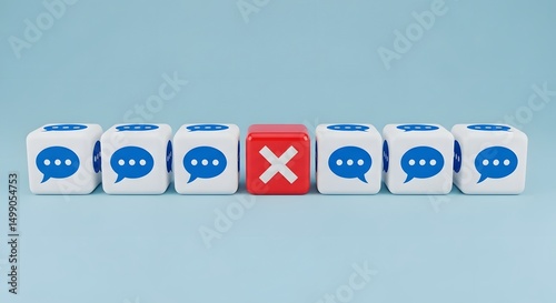 Conceptual image of speech bubbles on cubes with one marked as banned, symbolizing censorship and free speech issues