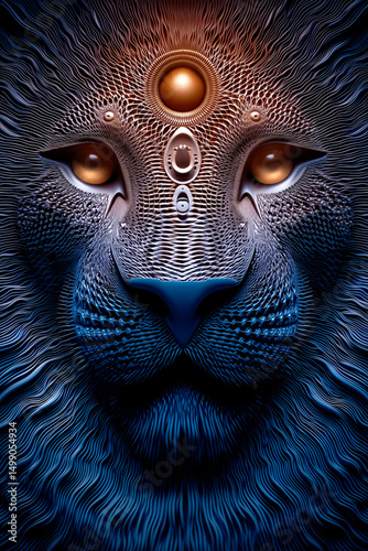 Stylized majestic lion head with intricate textures, glowing eyes, and sacred geometry symbols.