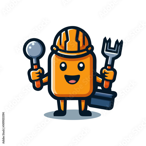 Minimalist Construction Worker Mascot Character in Bright Colors Holding Hammer for Sticker Poster Layout Social Media Web and Marketing Graphic Content Asset