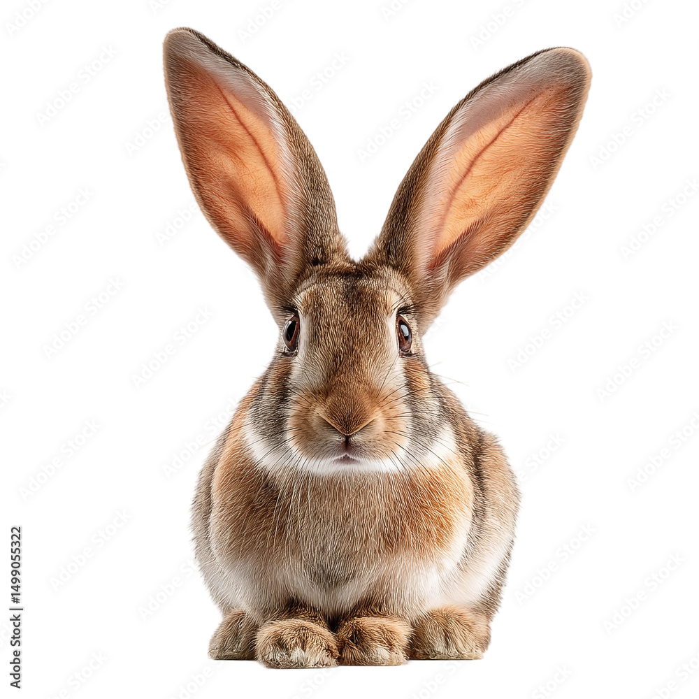 Obraz premium Close-up of a fluffy rabbit sitting calmly, showcasing its large ears and soft fur against a plain background