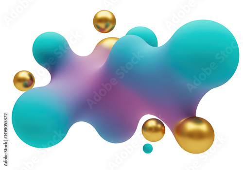 Abstract blue and purple fluid shape with golden spheres isolated on transparent background
