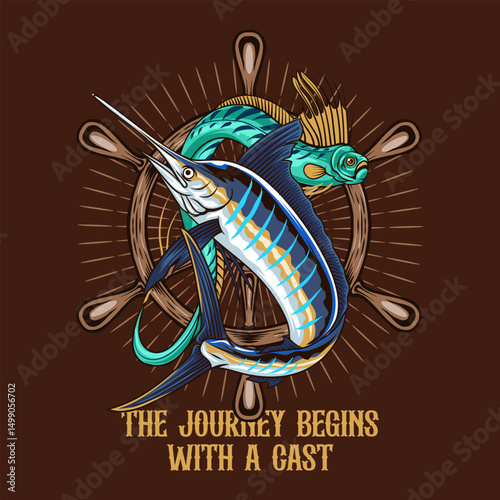 Sailfish and Oarfish in Colorful Cartoon Illustration for sticker badge emblem t-shirt banner invitation