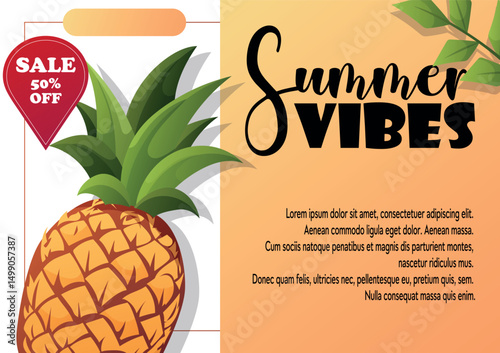 A bright summer vector banner with a pineapple, Summer Vibes text, and a 50 percent sale tag. Ideal for seasonal sales, ads, and storefronts.