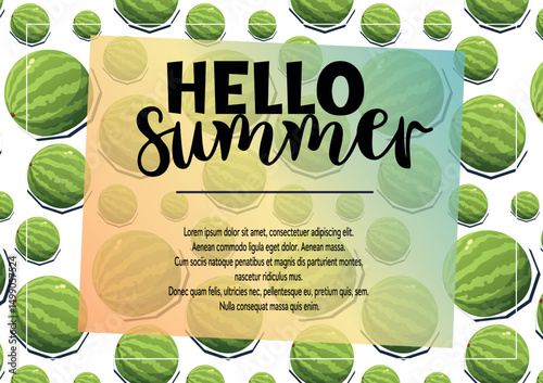 Bright summer vector banner with Hello Summer text and a seamless watermelon pattern. Perfect for seasonal advertising, blogs, or promotional content.
