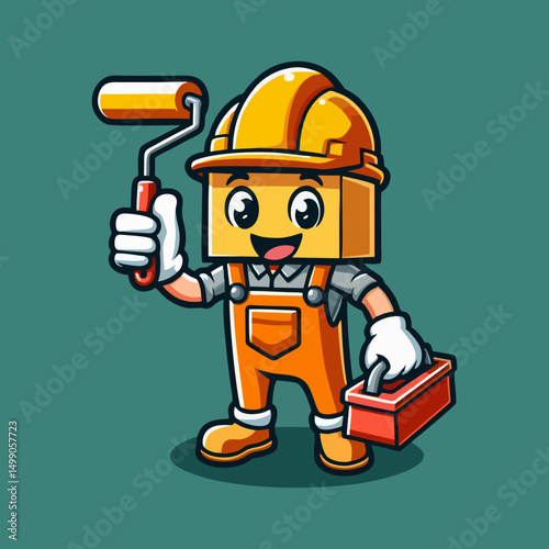 Flat Cartoon Construction Worker Mascot in Safety Uniform with Helmet and Tools in Hand for Web Illustration UI Design Print Media Logo Sticker and Business Identity Material