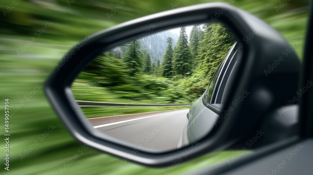 Fototapeta premium View of a forested landscape reflected in a car's side mirror during travel