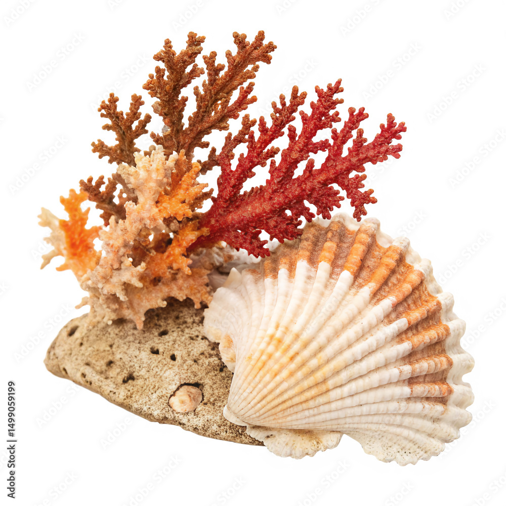 Obraz premium Colorful Coral and Shell Close-Up Isolated on transparent Background