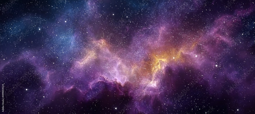 Naklejka premium Vibrant Purple, Pink, and Orange Nebula Cloud Filled with Stars, Cosmic Dust, and Gases