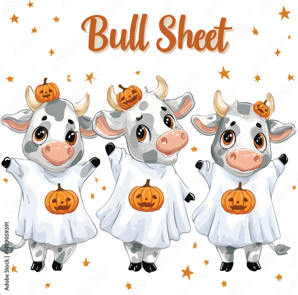 Naklejka premium Cute Baby Cows Dressed as Ghosts – Funny Halloween Cow PNG Sublimation Design