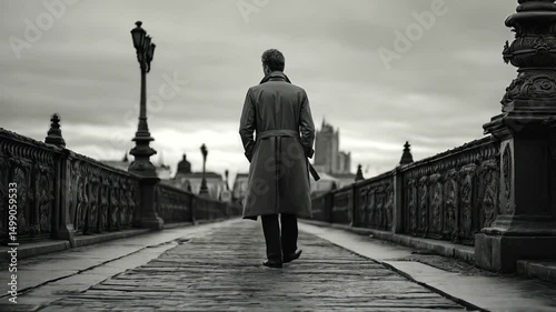 Man walking away on a bridge in black and white
