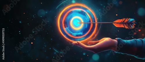 A hand holding a glowing target with an arrow.
