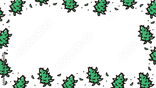 Background and banner decorated with pattern of cannabis buds icons.Horizontal placeholder frame version.