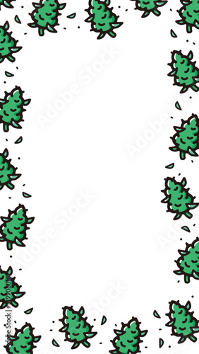 Background and banner decorated with pattern of cannabis buds icons.Vertical placeholder frame version.