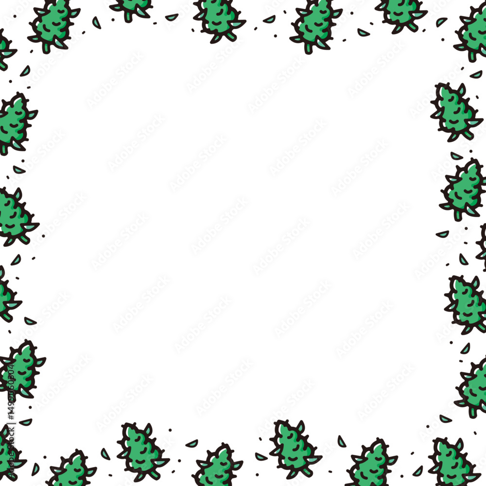 Obraz premium Background and banner decorated with pattern of cannabis buds icons.Square placeholder frame version.