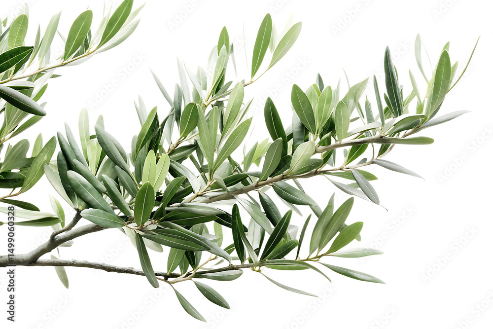 Fototapeta premium Lush Green Olive Branch with Detailed Leaves Isolated on Black Background