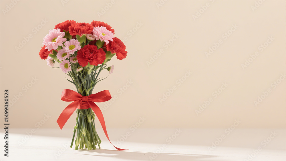 Fototapeta premium Elegant bouquet of red and pink carnations tied with a red ribbon against a beige background perfect for floral arrangements, gifts, and celebrations.