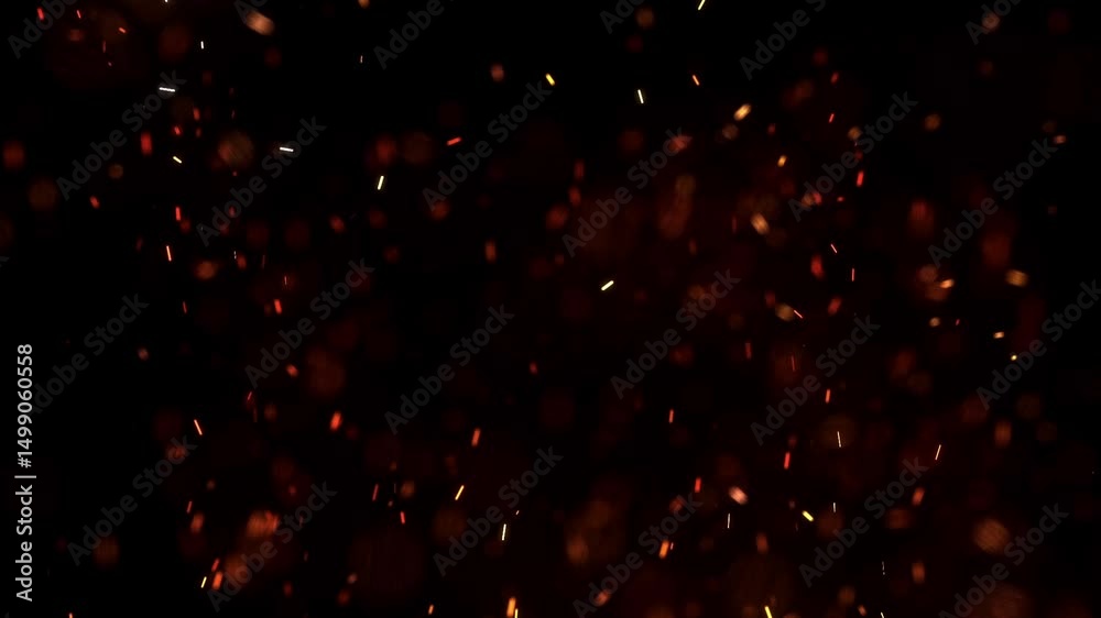 Blurred bokeh motion picture of animation Flying around red yellow fire dust particles sparks or embers from a burning fire with realistic movement on a black background 
